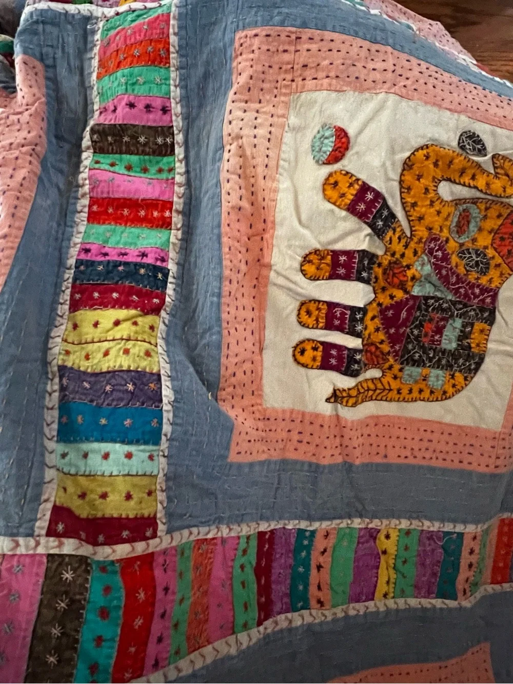 Handmade Multicolor Elephant Patchwork Quilt - Peach & Blue